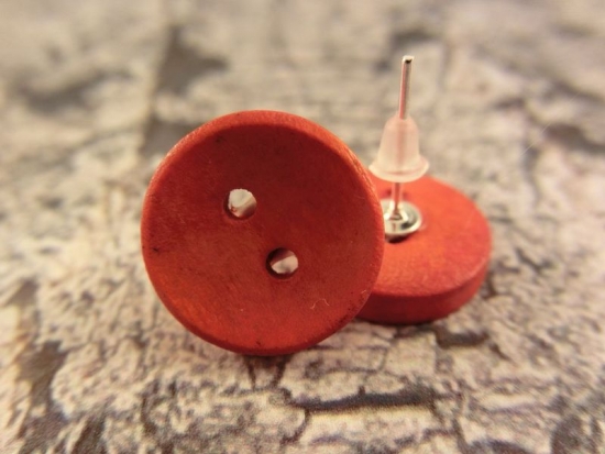 Preview: Rustikale Natur Holz Knopf Ohrstecker Button Roh orange